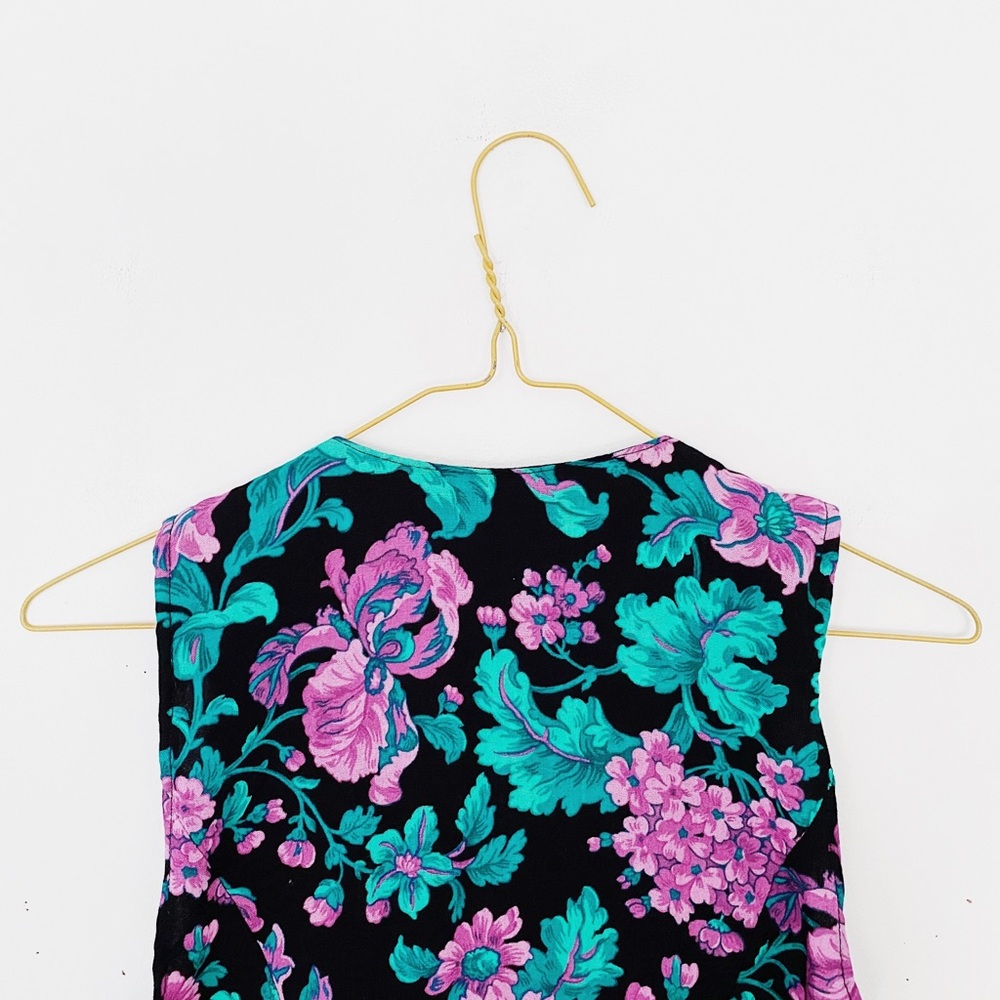 80s / 90s petite jazz bold floral mini dress - VTG black purple teal sheath - Picture 9 of 11